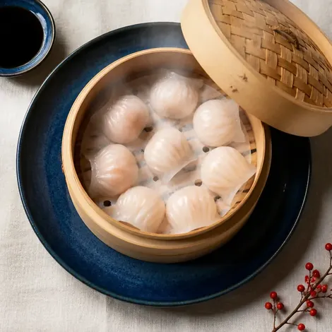 Cesta de vapor de bambú abierta con dim sum translúcidos, sobre un plato azul índigo, con un cuenco de salsa de soja y una ramita de bayas rojas sobre un mantel de lino