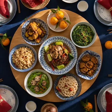 Mesa de fiesta para compartir vista desde arriba, con varios platos sobre una bandeja giratoria, mandarinas, palillos y servilletas rojas