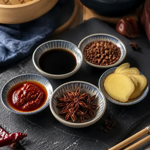 Pequeños cuencos con salsa de soja, pasta de guindilla, anís estrellado, pimienta de Sichuan y jengibre sobre una pizarra oscura
