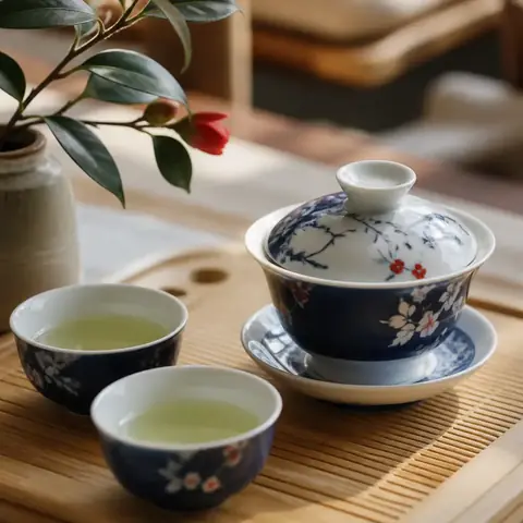 Una tetera gaiwan de porcelana y dos tazas de té verde sobre una bandeja de bambú