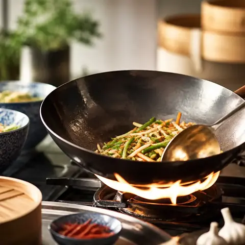 Un wok de acero con verduras salteadas y llamas bajo el wok en una cocina clara