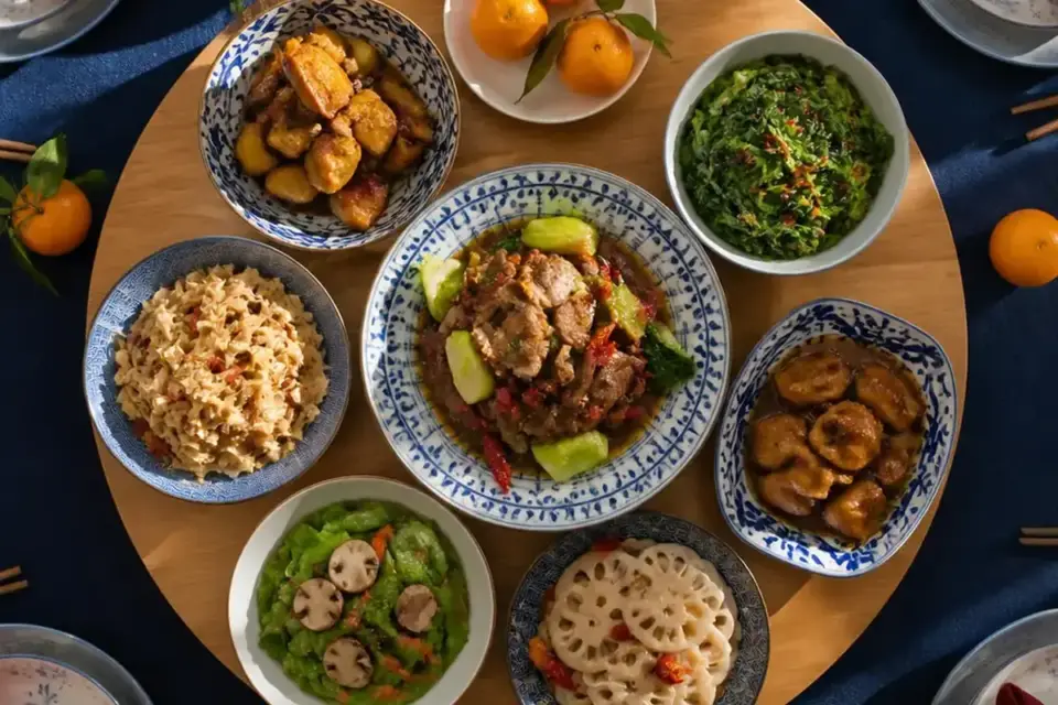 Mesa de fiesta para compartir vista desde arriba, con varios platos sobre una bandeja giratoria, mandarinas, palillos y servilletas rojas