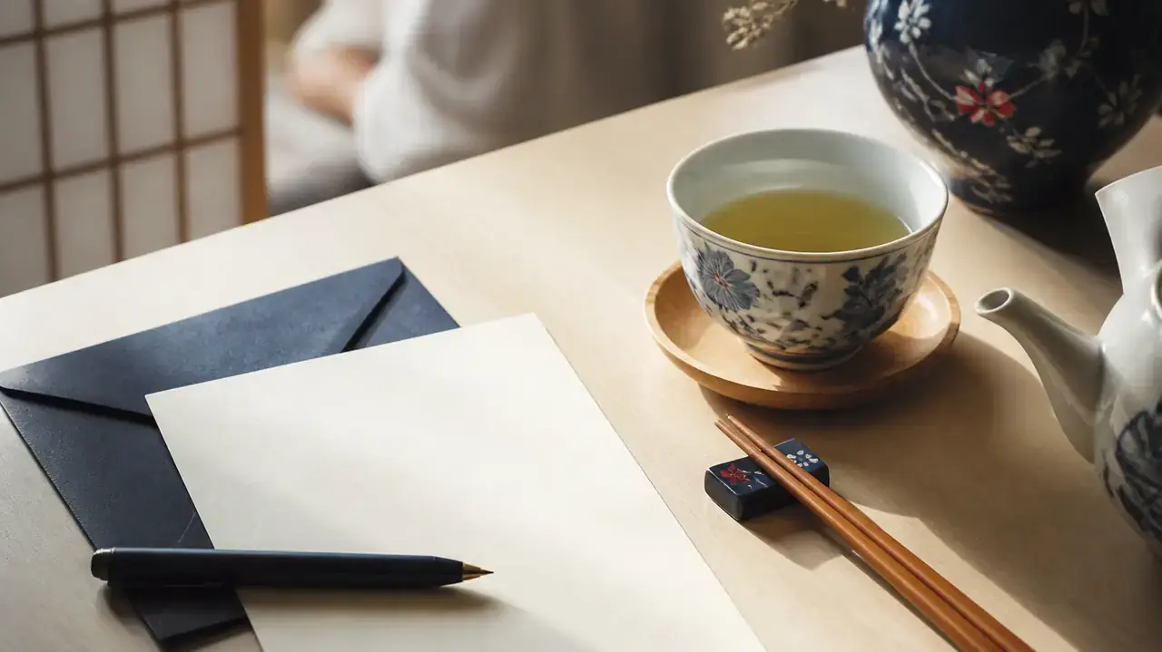 Hoja de papel crema, sobre y bolígrafo sobre una mesa clara junto a una taza de té verde y unos palillos