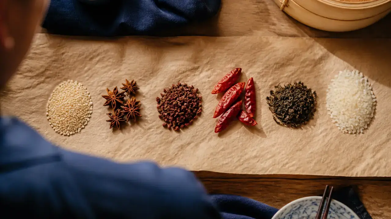 Papel kraft con pequeños montones alineados de sésamo, anís estrellado, pimienta de Sichuan, guindillas, té y granos de arroz