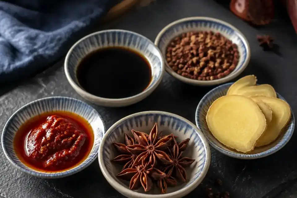 Pequeños cuencos con salsa de soja, pasta de guindilla, anís estrellado, pimienta de Sichuan y jengibre sobre una pizarra oscura