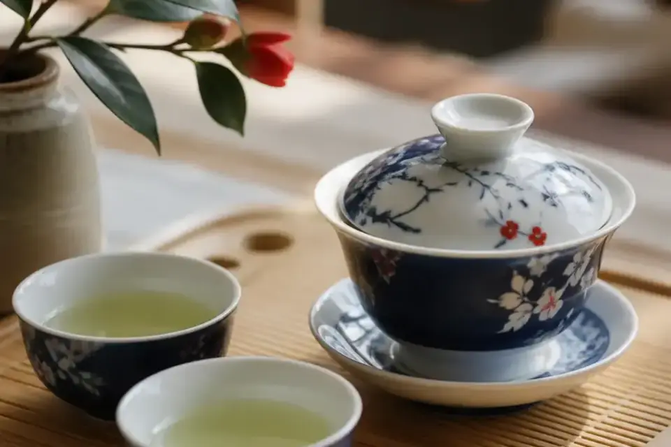 Una tetera gaiwan de porcelana y dos tazas de té verde sobre una bandeja de bambú